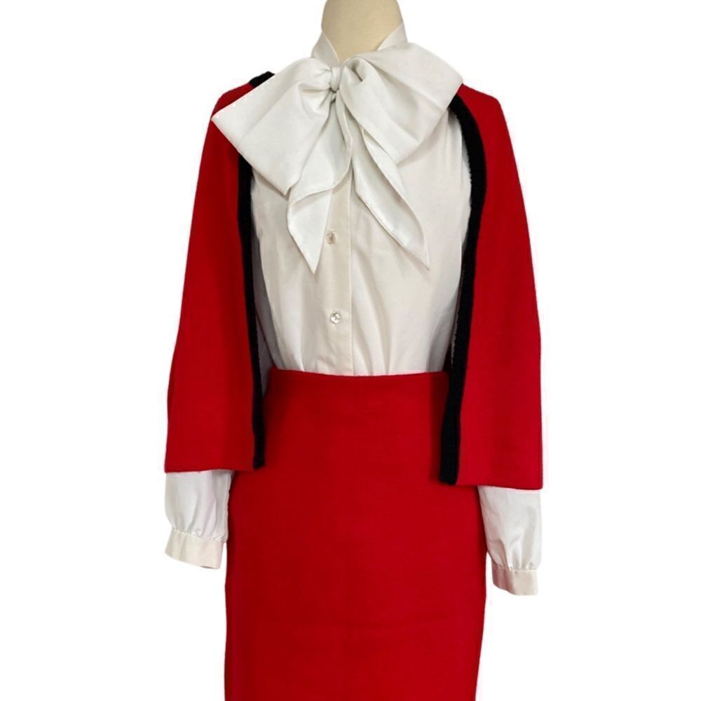 Vintage 50s / 60s MCM Cherry Red Black Trim 2 Piece Knit Skirt Suit
